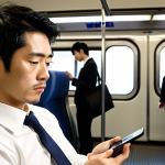 A busy Japanese professional (male or female) on a train or during a short break, deeply focused on a smartphone/tablet for micro-learning. Visual cues of digital distractions are minimized or blocked. Emphasize quiet concentration amidst a dynamic, urban environment. Modern, efficient, empowering.