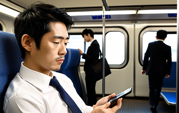 A busy Japanese professional (male or female) on a train or during a short break, deeply focused on a smartphone/tablet for micro-learning. Visual cues of digital distractions are minimized or blocked. Emphasize quiet concentration amidst a dynamic, urban environment. Modern, efficient, empowering.