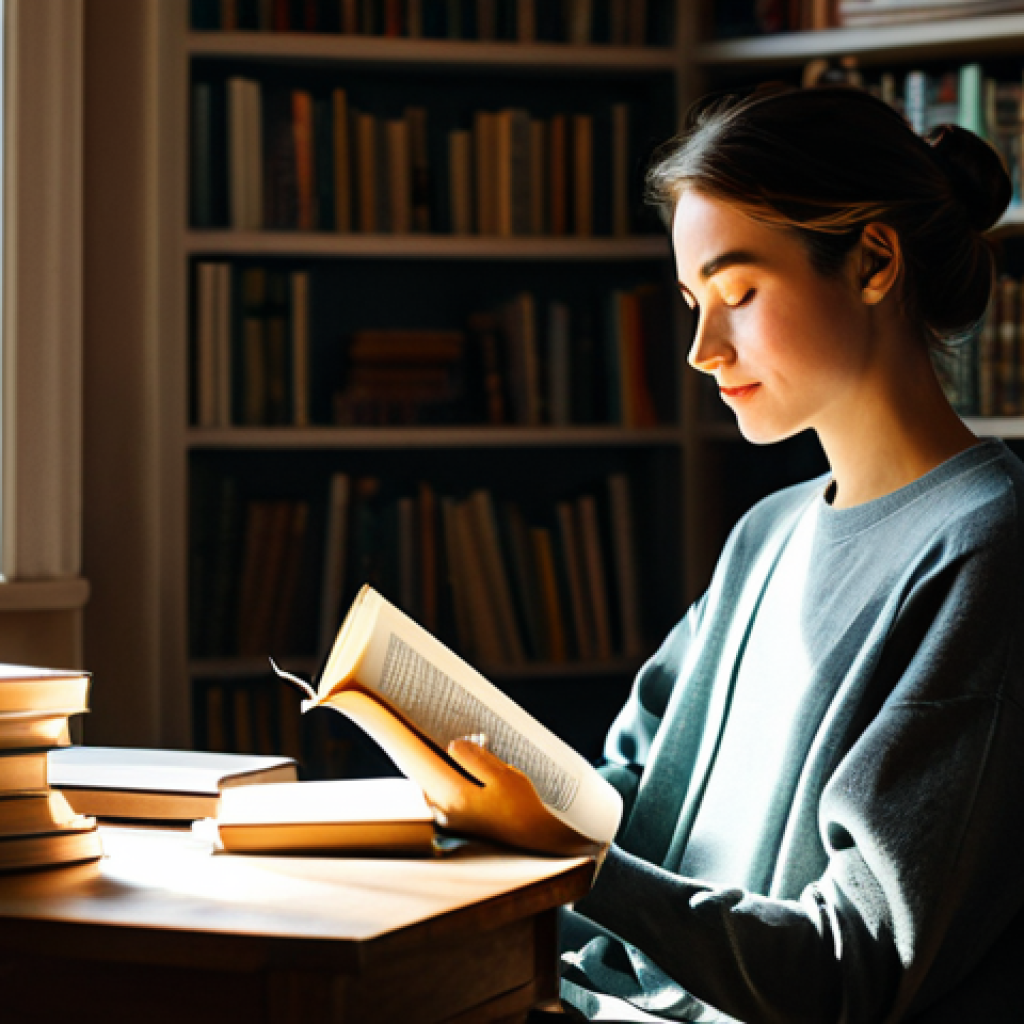 자기 주도 학습을 위한 독서 전략 - A cozy scene of a woman sitting in a sunlit room, surrounded by stacks of books, fully clothed in co...