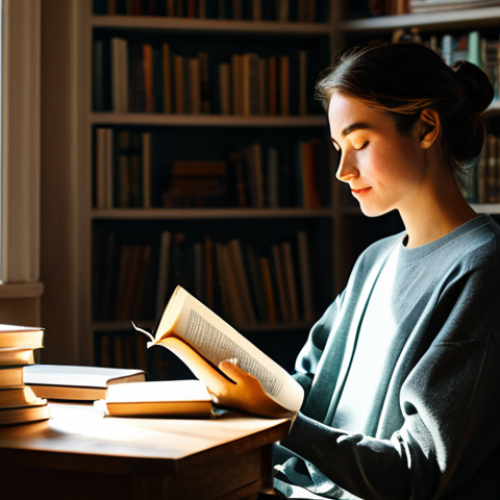 자기 주도 학습을 위한 독서 전략 - A cozy scene of a woman sitting in a sunlit room, surrounded by stacks of books, fully clothed in co...