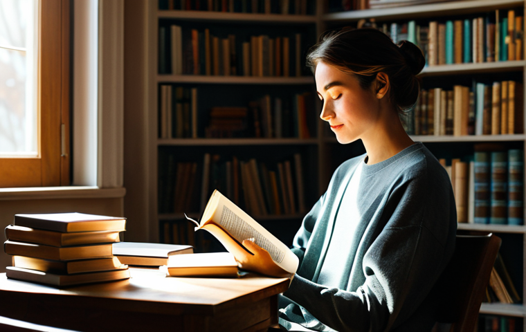 자기 주도 학습을 위한 독서 전략 - A cozy scene of a woman sitting in a sunlit room, surrounded by stacks of books, fully clothed in co...