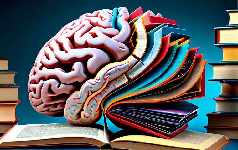 자기 주도 학습을 위한 독서 전략 - A cozy scene of a woman sitting in a sunlit room, surrounded by stacks of books, fully clothed in co...