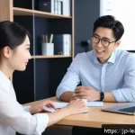 자기 주도 학습을 위한 커뮤니케이션 기술 - A modern Japanese office setting with two young Japanese professionals engaging in a remote video ca...