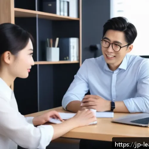 자기 주도 학습을 위한 커뮤니케이션 기술 - A modern Japanese office setting with two young Japanese professionals engaging in a remote video ca...