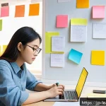 자기 주도 학습의 실천적 기술 - A modern Japanese study room with a young adult woman sitting at a tidy desk, focused on her laptop ...