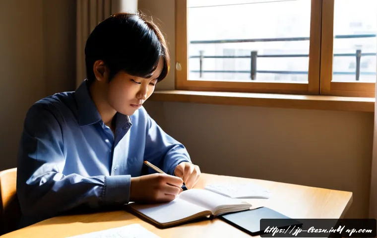 자기 주도 학습의 기본 원리 탐구 - Photorealistic Japanese university student studying independently at a clean wooden desk by a large ...